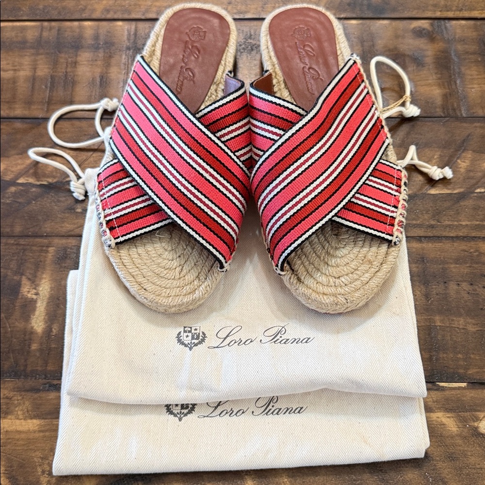 Loro Piana Crossover Red Suitcase Striped Canvas Espadrilles Sandals EU 37 US 7 - Picture 12 of 13